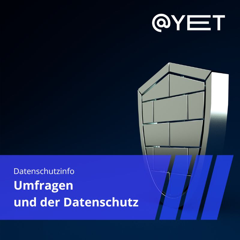 Ein silberner Schild mit einer metallischen Mauer im Inneren als Sinnbild für Schutz und Sicherheit. Darüber der Schriftzug Umfragen und der Datenschutz