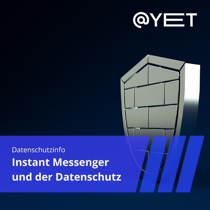 Ein silberner Schild mit einer metallischen Mauer im Inneren als Sinnbild für Schutz und Sicherheit. Darüber der Schriftzug Instant Messenger und der Datenschutz