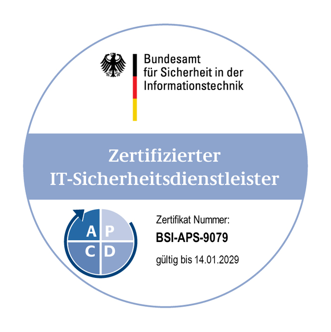 Siegel des Bundesamtes für Sicherheit in der Informationstechnik, welches @-yet als zertifizierten IT-Sicherheitsdienstleister ausweist