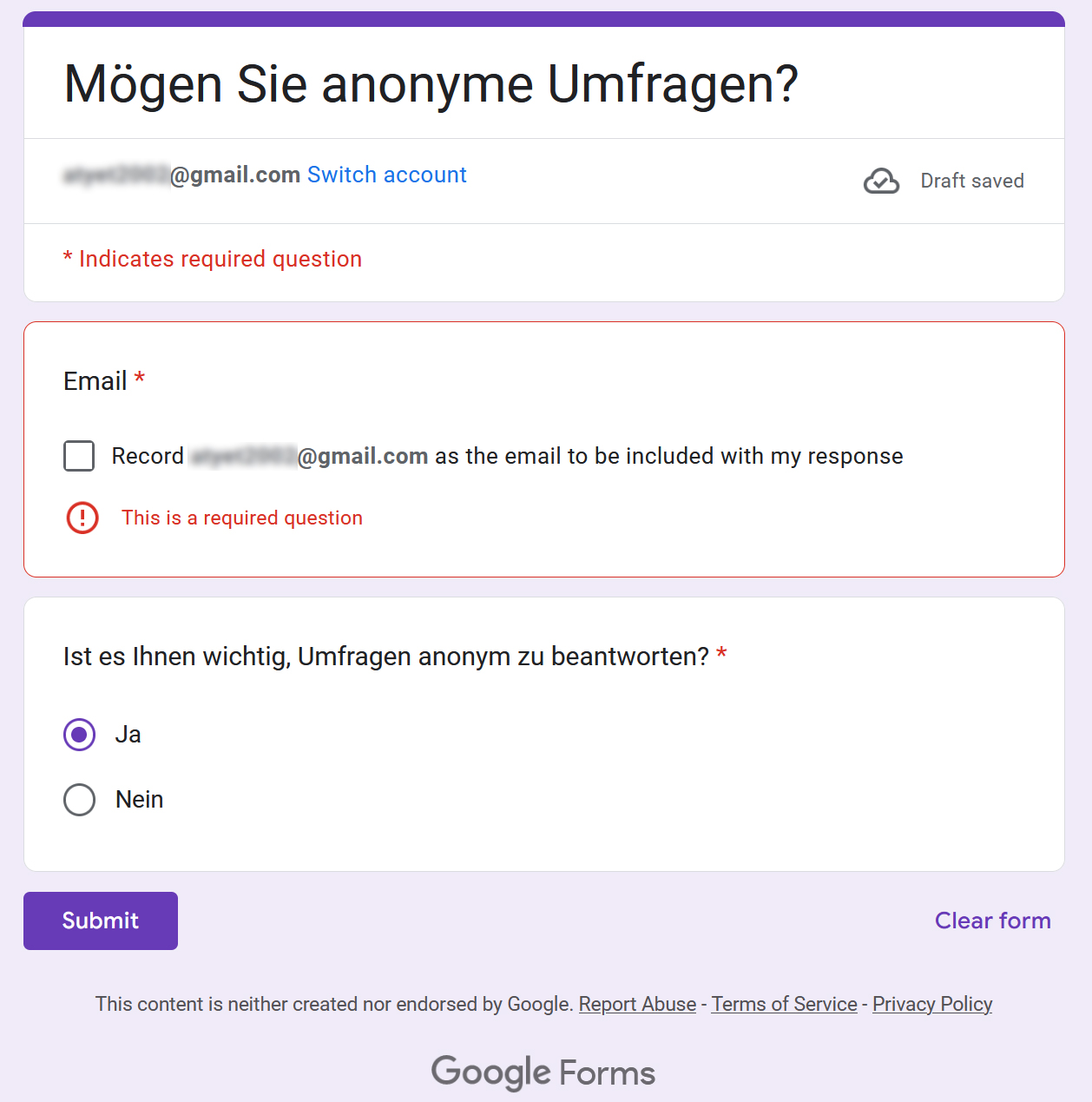 Screenshot aus Google Forms, der zeigt, dass anonyme Umfragen in Google schwer zu realisieren sind