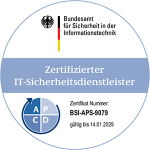 Rundes Siegel des BSI, welches das Zertifikat IT-Sicherheitsdienstleister im Bereich IS-Penetrationstests nachweist.