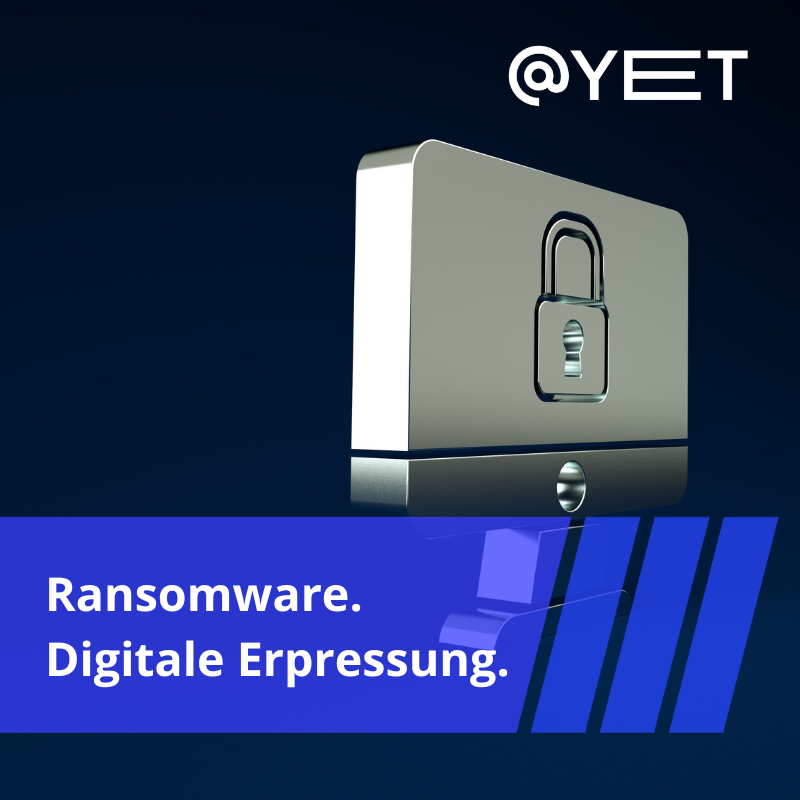 Stilisierter Bildschirm mit Schlosssymbol als Sinnbild für ein durch Ransomware verschlüsseltes System