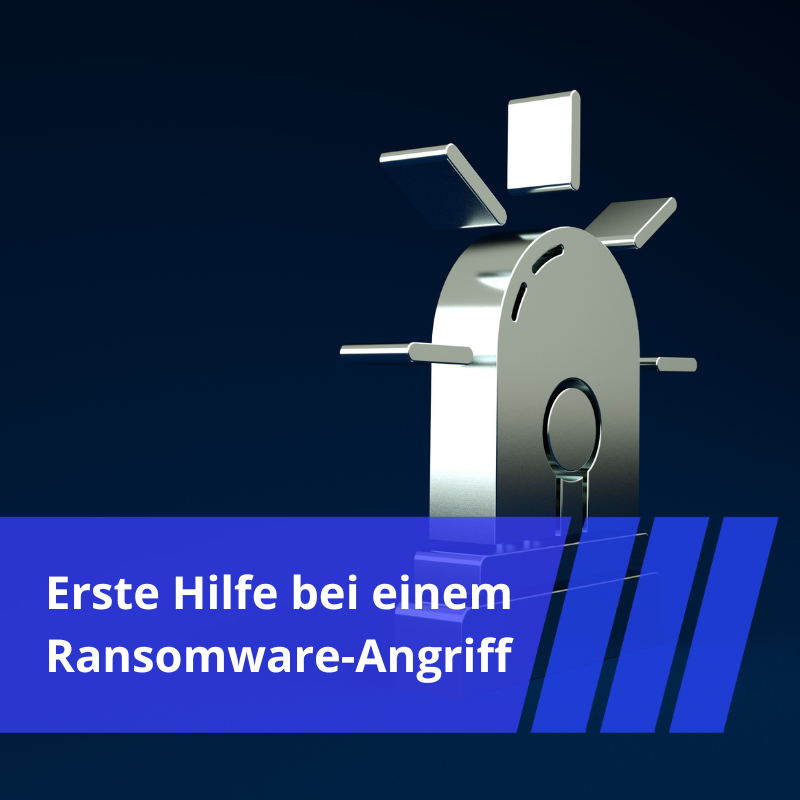 Stilisiertes, metallisch erscheinendes Blaulicht auf dunklem Grund. Darüber der Schriftzug Erste Hilfe bei einem Ransomware-Angriff