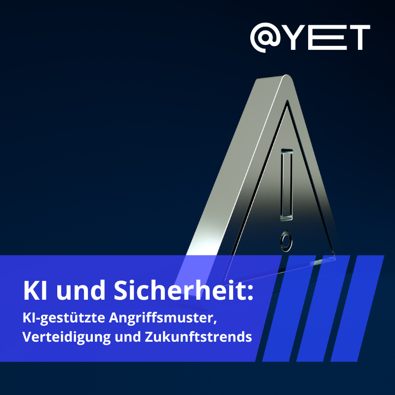 Der Schriftzug Künstliche Intelligenz und Cybersecurity auf blauem Banner, dahinter ein metallisch wirkendes Warnschild