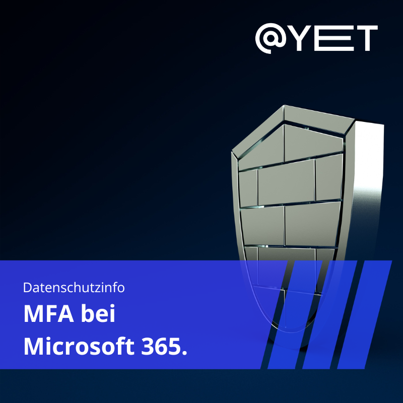Metallisches Schutzschild hinter einem blauen Banner mit der Aufschrift "MFA bei Microsoft 365"