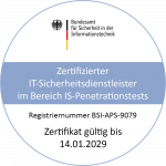 Zertifikat BSI IT-Sicherheitsdienstleister im Bereich IS-Penetrationstests