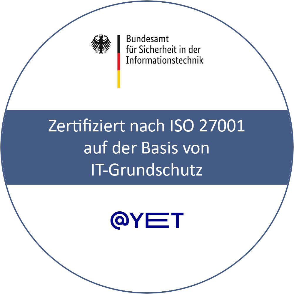 Die @-yet GmbH aus Leichlingen ist zertifiziert nach ISO 27001 auf der Basis von IT-Grundschutz