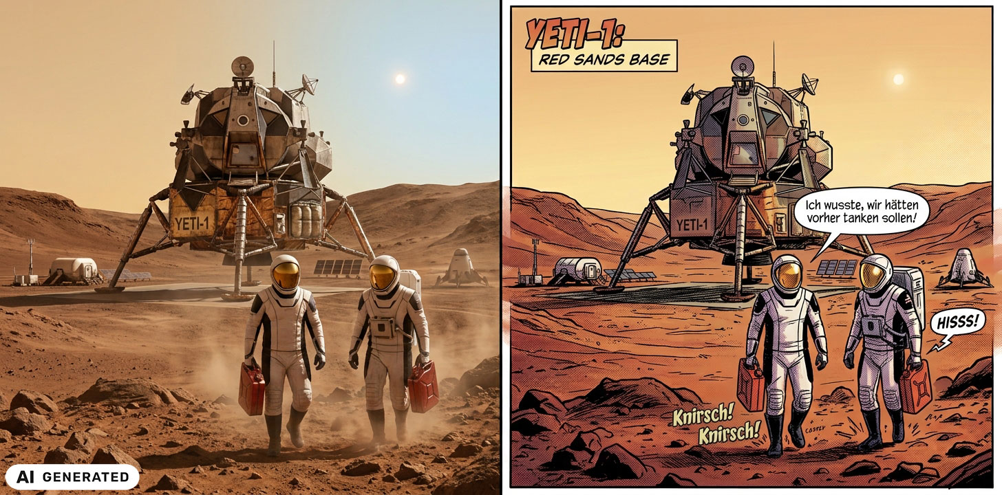 KI-generierter Inhalt: Mars-Landung mit altem Apollo-Modul als fotorealistisches Szenario und als Comic